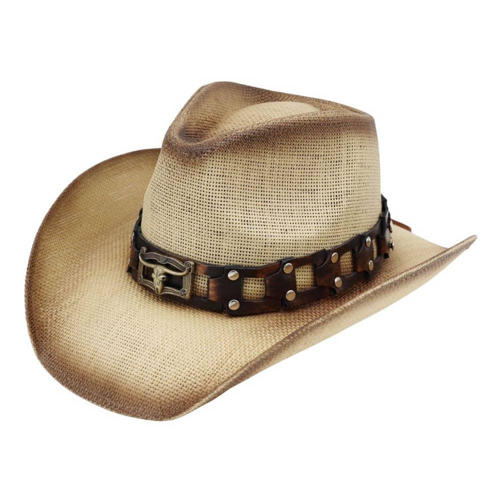 Sensibling Corp. - Longhorn Steer Head Buckle Accent Rugged Studded Band Western Straw Cowboy Hat