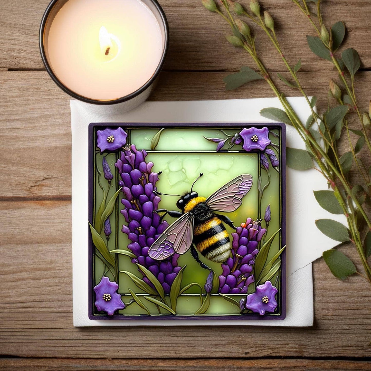 Fernville Creations - Bee & Lavender Ceramic Coaster with Cork Back for Home Decor