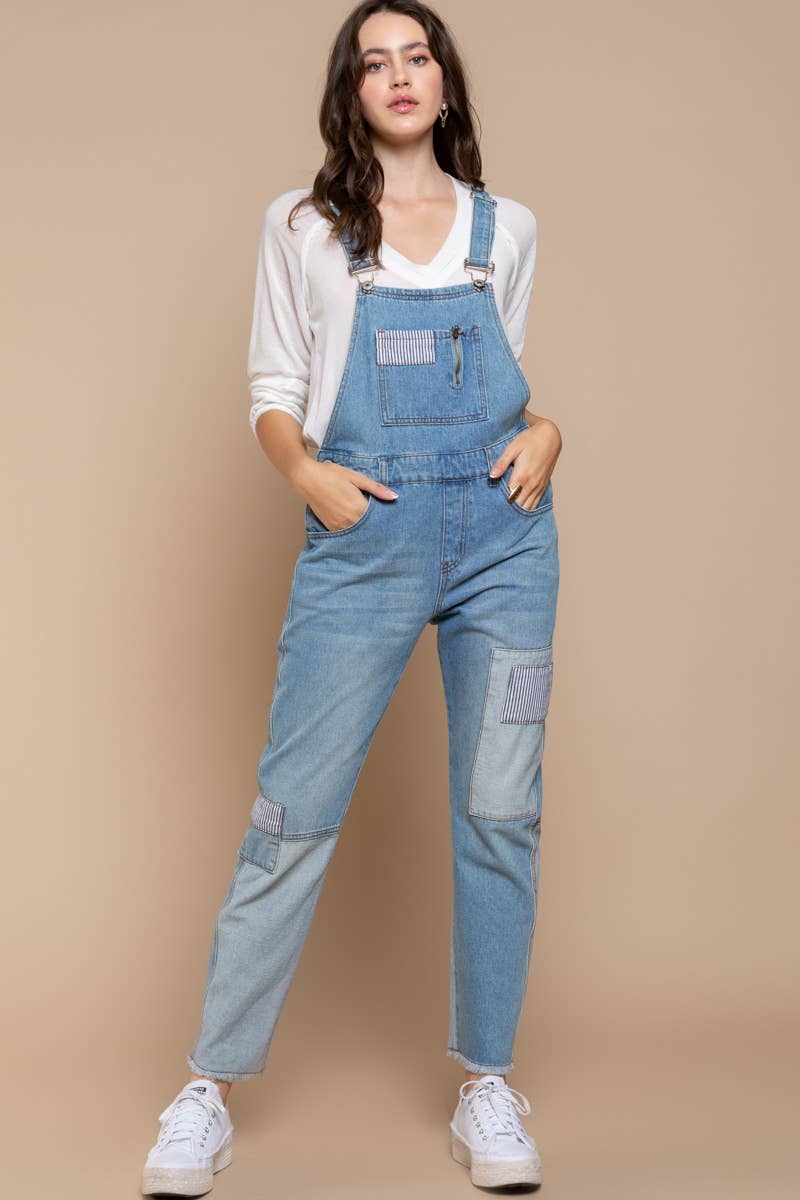 Pol Clothing - Front Chest Zipper Denim Overalls with Slim Legs