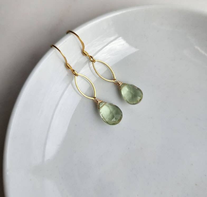 Edgy Petal Jewelry - Green Amethyst Dainty Gold Marquis Earrings