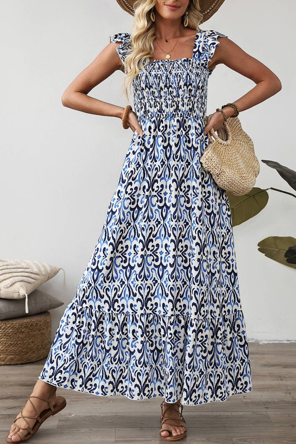1 the Woman - Boho Print Smocked High Waist Maxi Dress