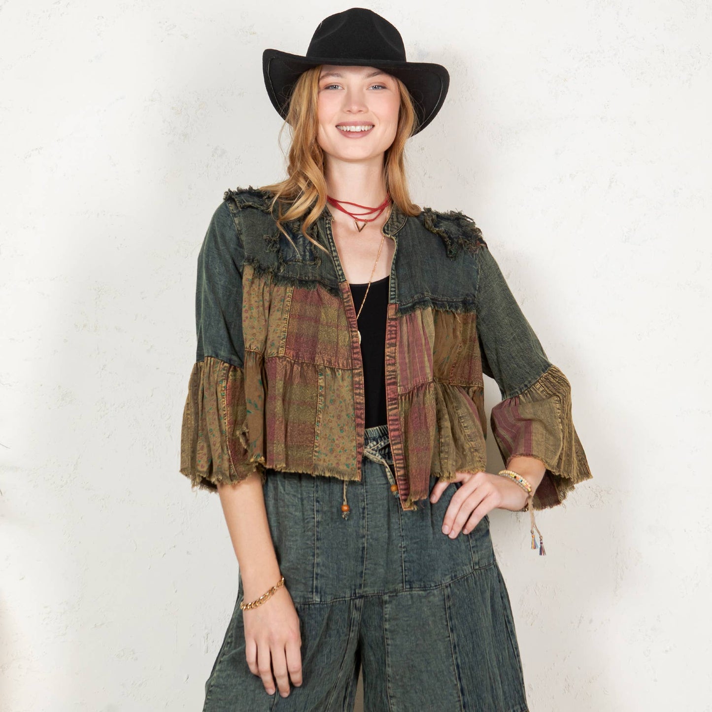 Young Threads - Tiered Patchwork Denim Cropped Shrug with Pants -Sold As Set
