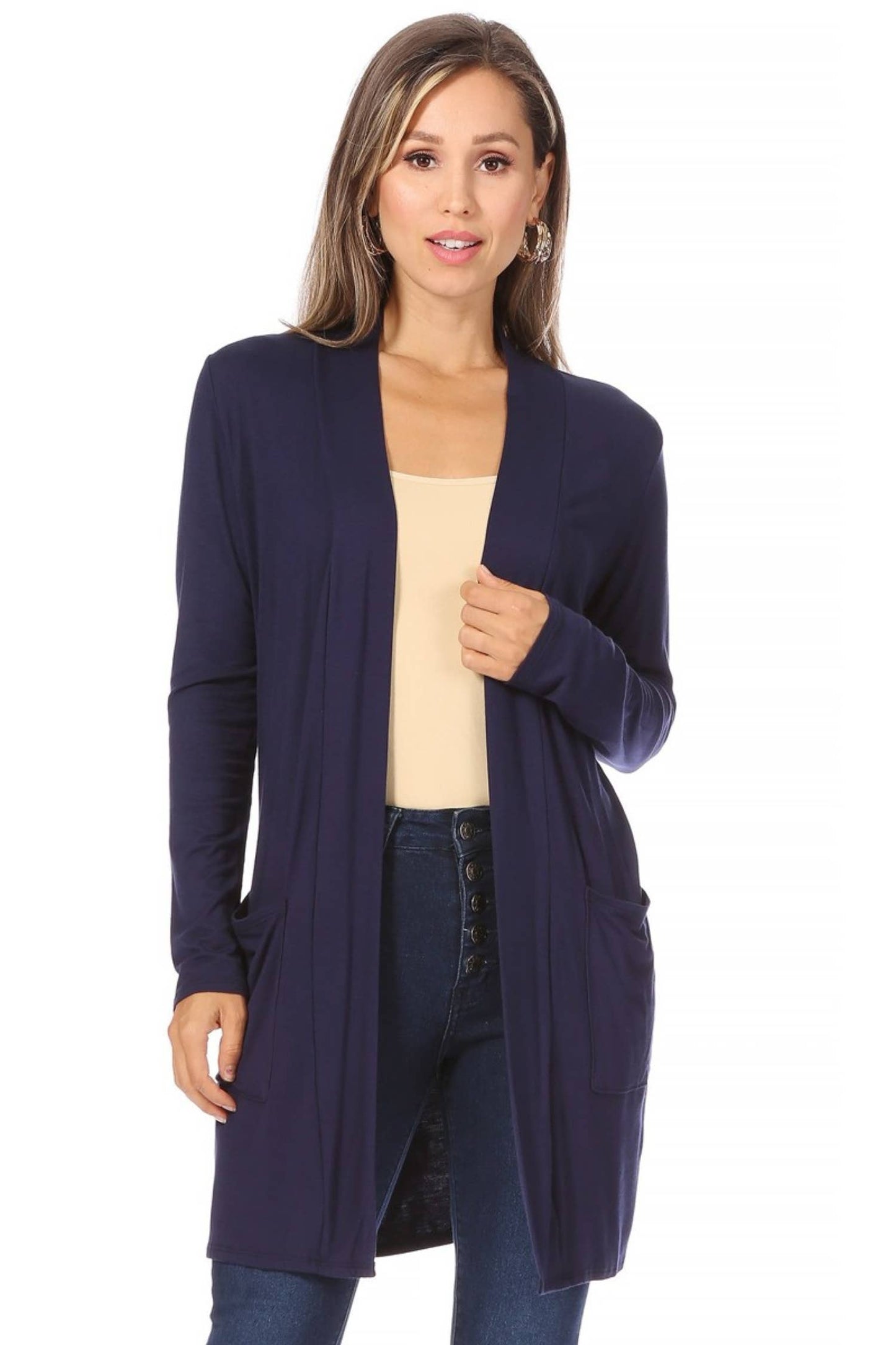 Women's Long Sleeves Side Pockets Solid Cardigan (Open Pack): Large / Plum