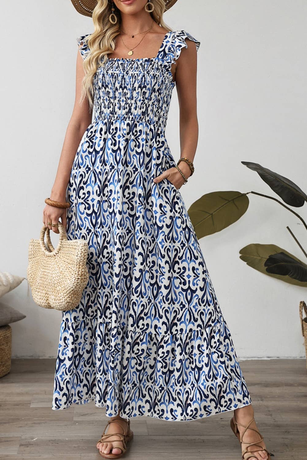 1 the Woman - Boho Print Smocked High Waist Maxi Dress