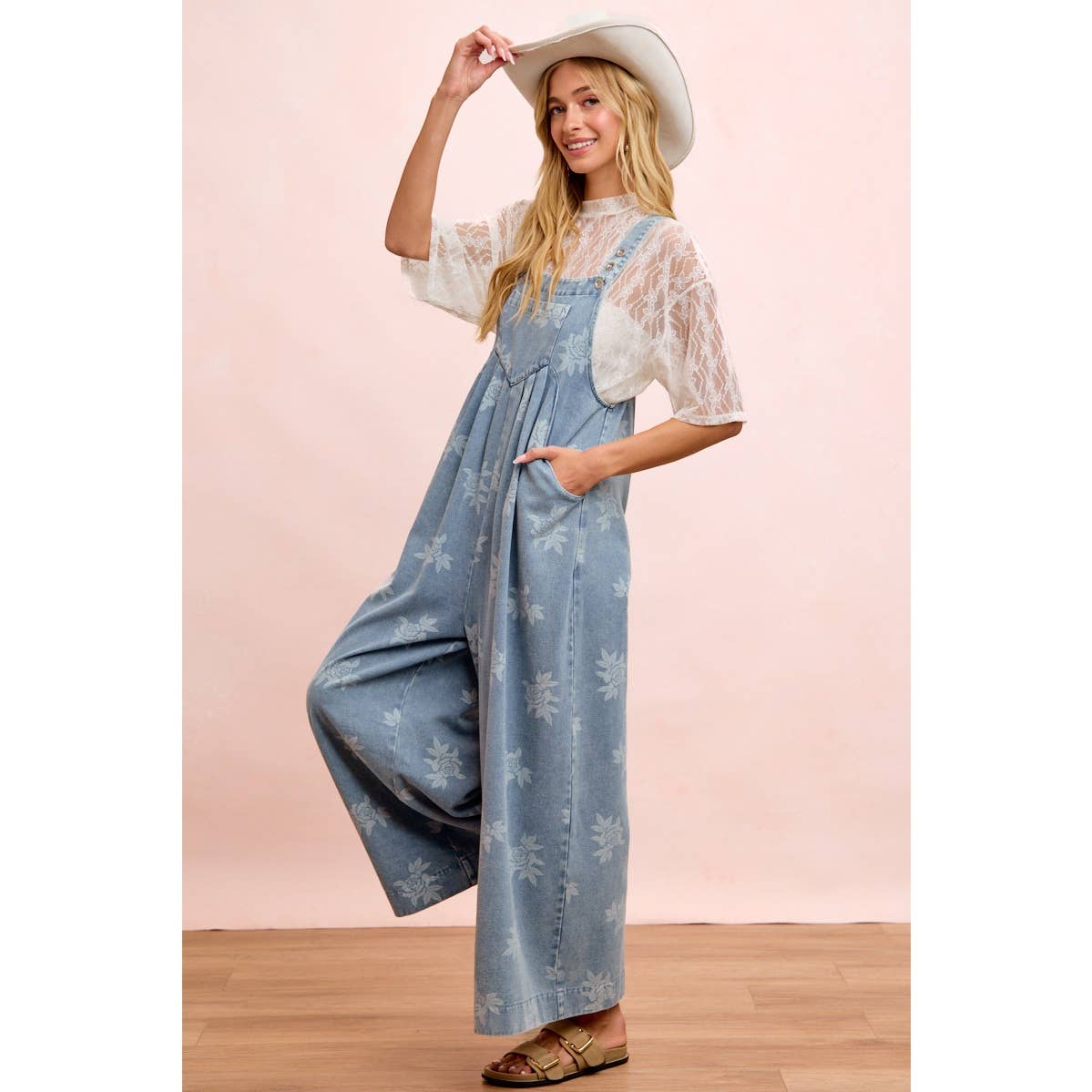 BiBi - ROSE PRINTED WASHED DENIM OVERALLS WITH PLEATS