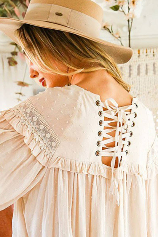 Vine & Love - Lace-up back detail swiss dot patterned blouse VT31448