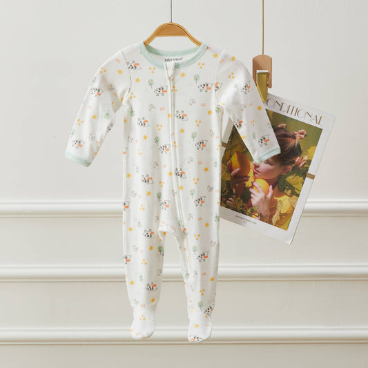 Lollipop Dreams - Cow & Farm Animal Pattern Zipper Footie Pajamas Romper