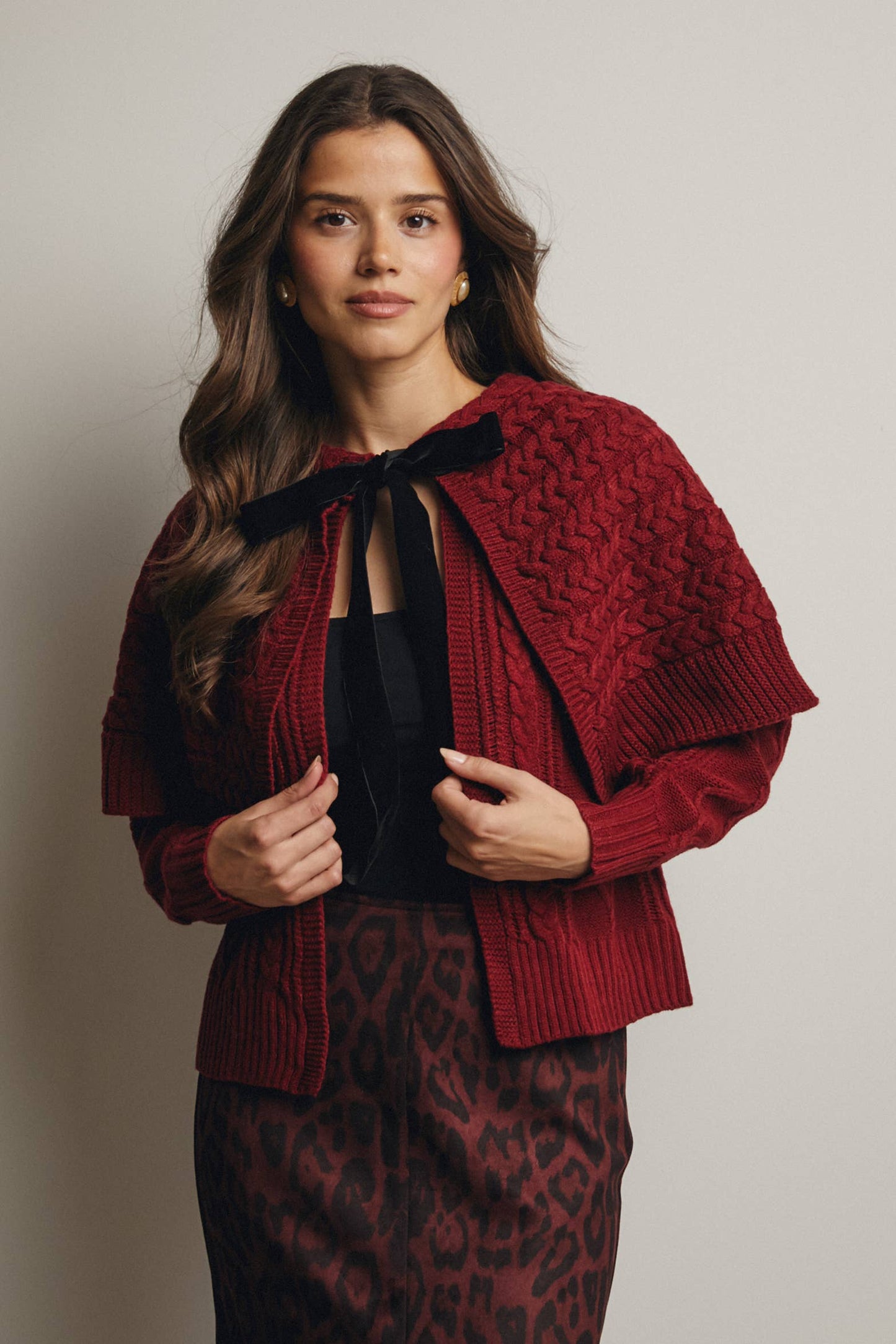 Forte - Cable Knit Capelet Cardigan with Velvet Bow FSW0017