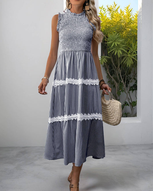 Rosa Clothing - Fashion Ruffled Round Neck Striped Lace Dress