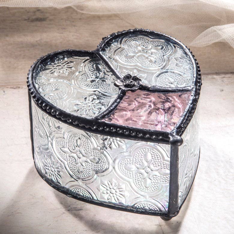 J Devlin Glass Art & Bert Anderson Collection - Heart Glass Jewelry Box with Rose Lid - Mother's Day Gift