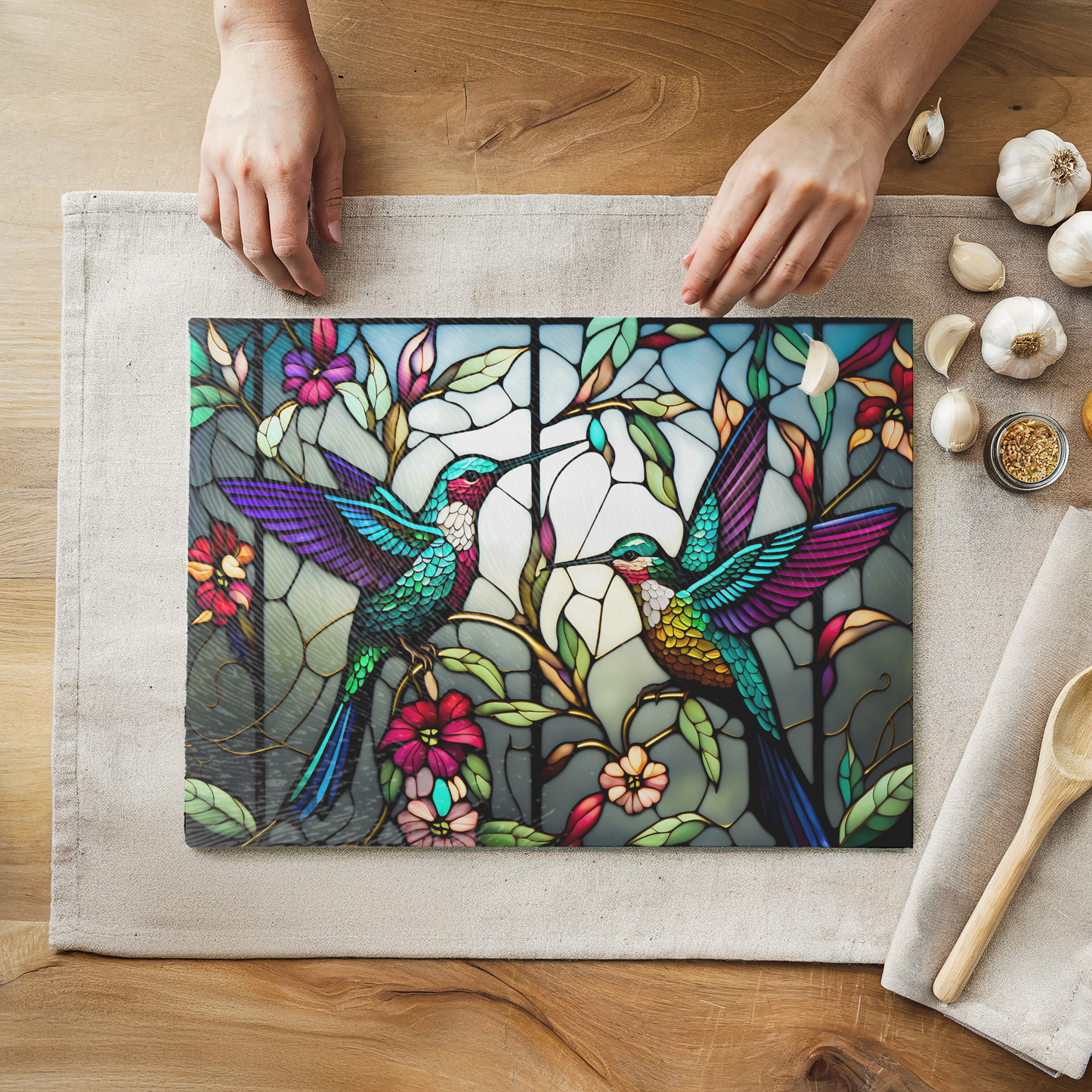 Fernville Creations - Tempered Glass Cutting Board: Hummingbird Charcuterie Tray