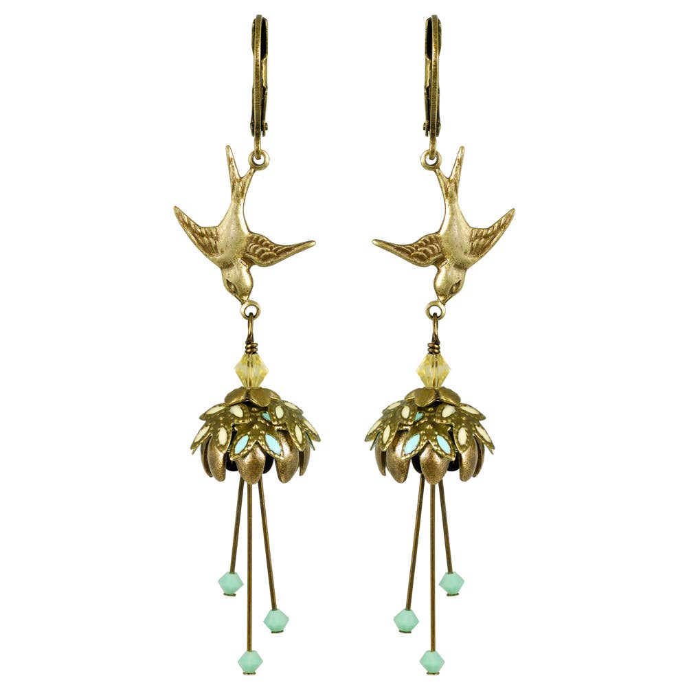 NoMonet - Flower Fairy: Floral Bird Hand Painted Earrings w/ Crystals