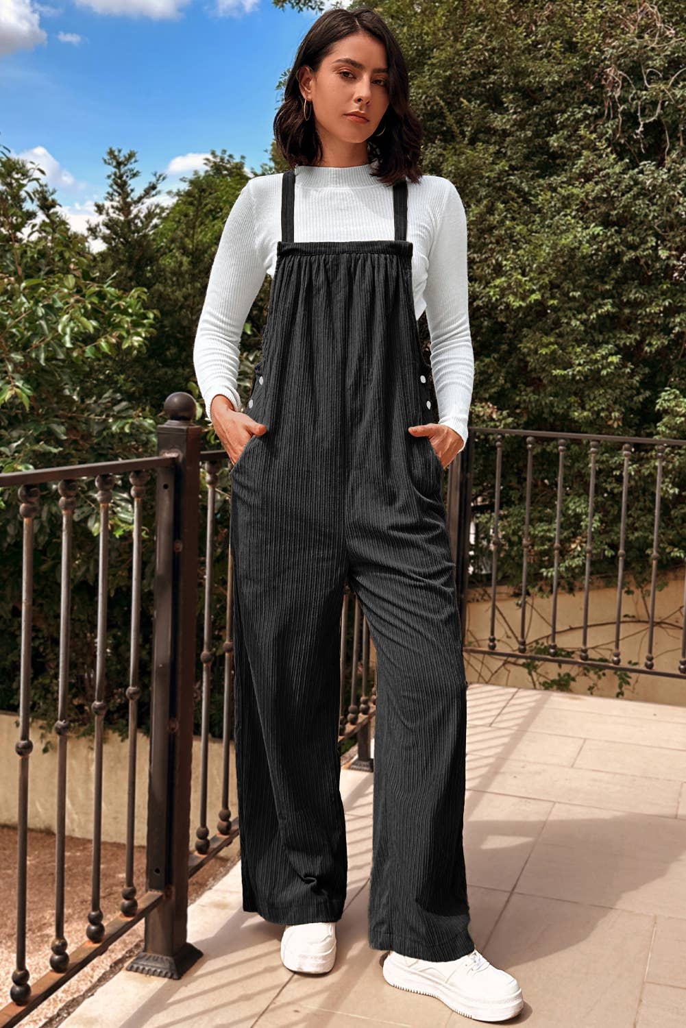 1 the Woman - Morn Solid Pocketed Loose Fit Corduroy Overall