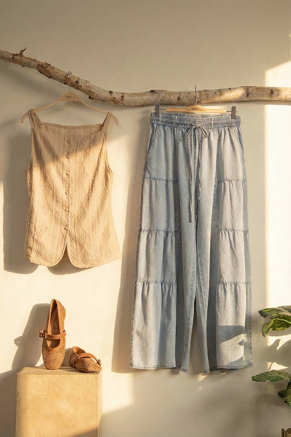 VERY J - NP70989-Tiered Layers Mineral Washed Chambray Pants