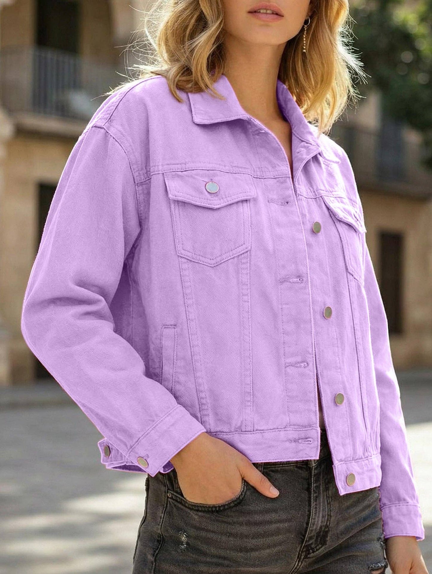 Lovenne - Solid color slim cropped denim jacket casual jacket