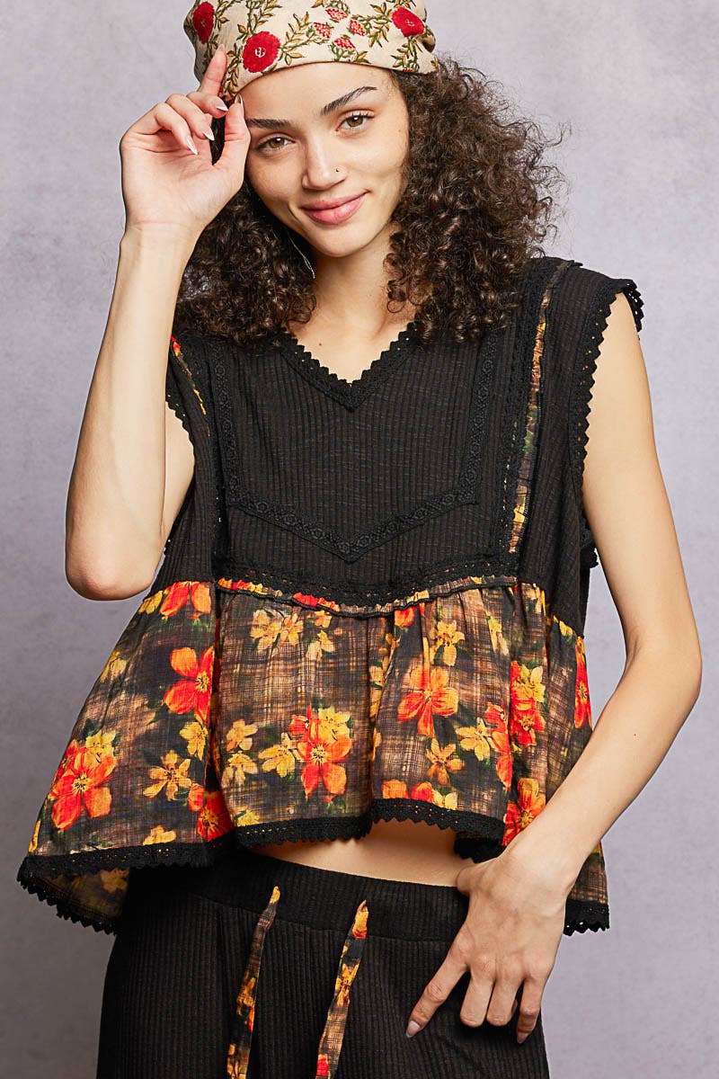 Pol Clothing - V-neck Floral Pattern Trim Ruffle Rib Knitted Sleeveless Top