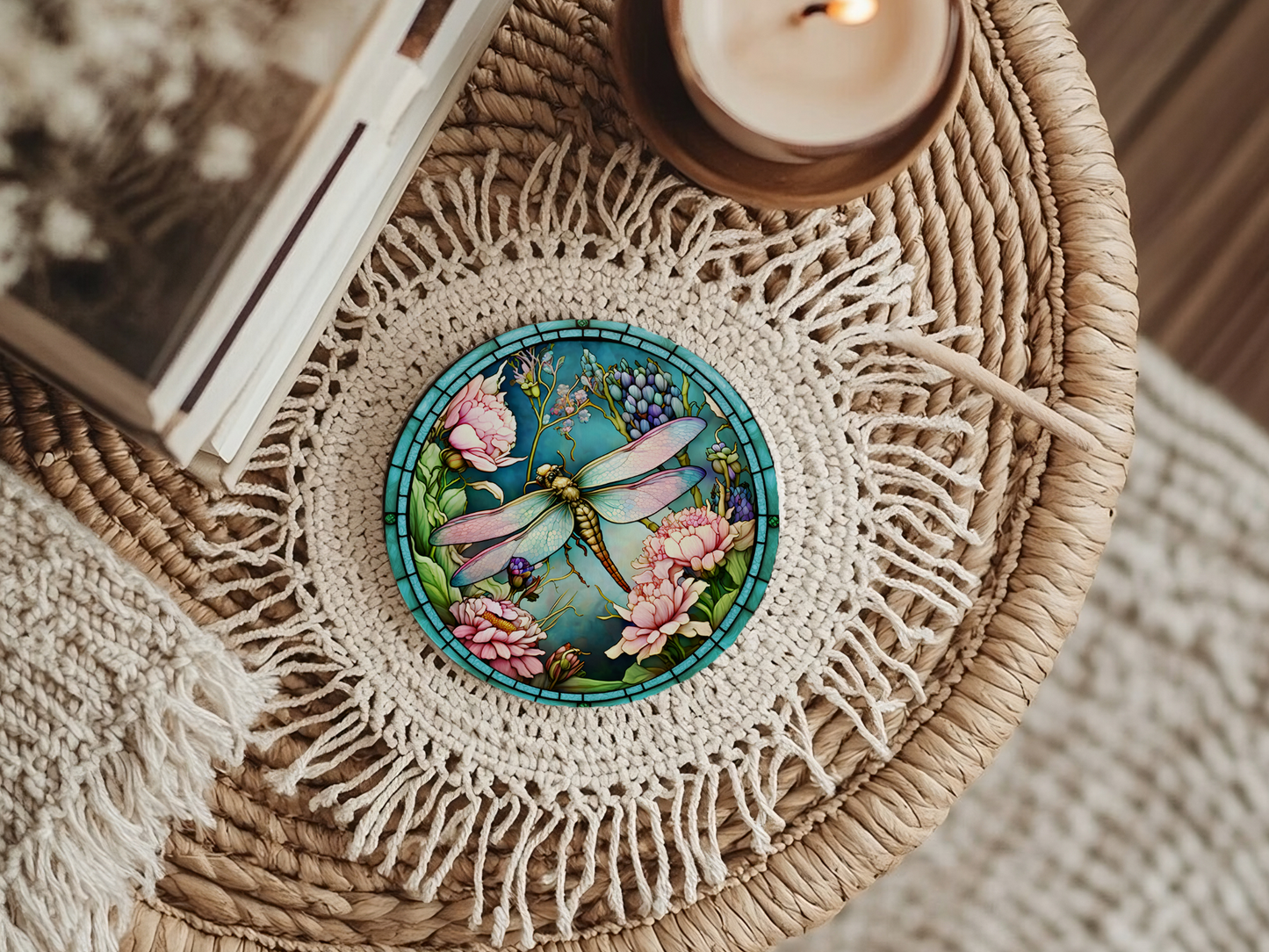 Fernville Creations - Dragonfly Coaster with Pink Flower for Coffee Table Decor
