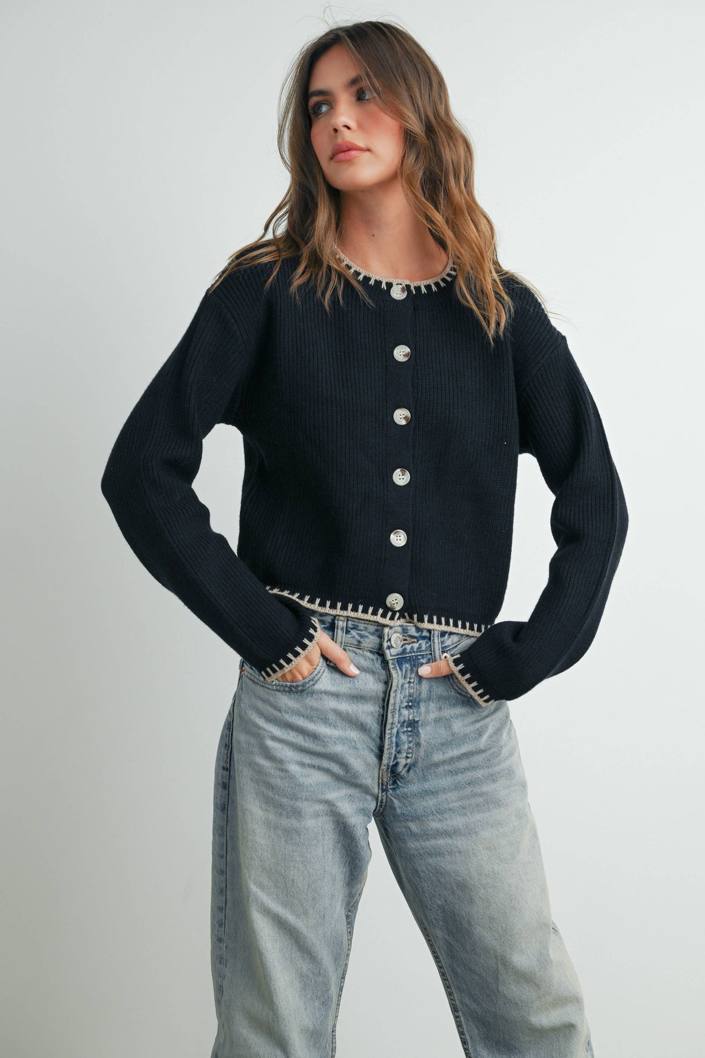 BUTTERMELON - Women's Crewneck Cardigan Sweater - BMC7526