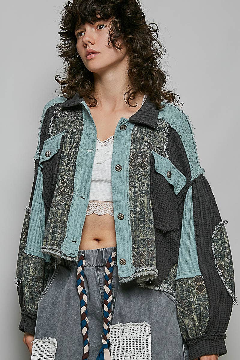 Pol Clothing - Balloon Sleeve Contrast Paisley Pattern Cropped Knit Jacket