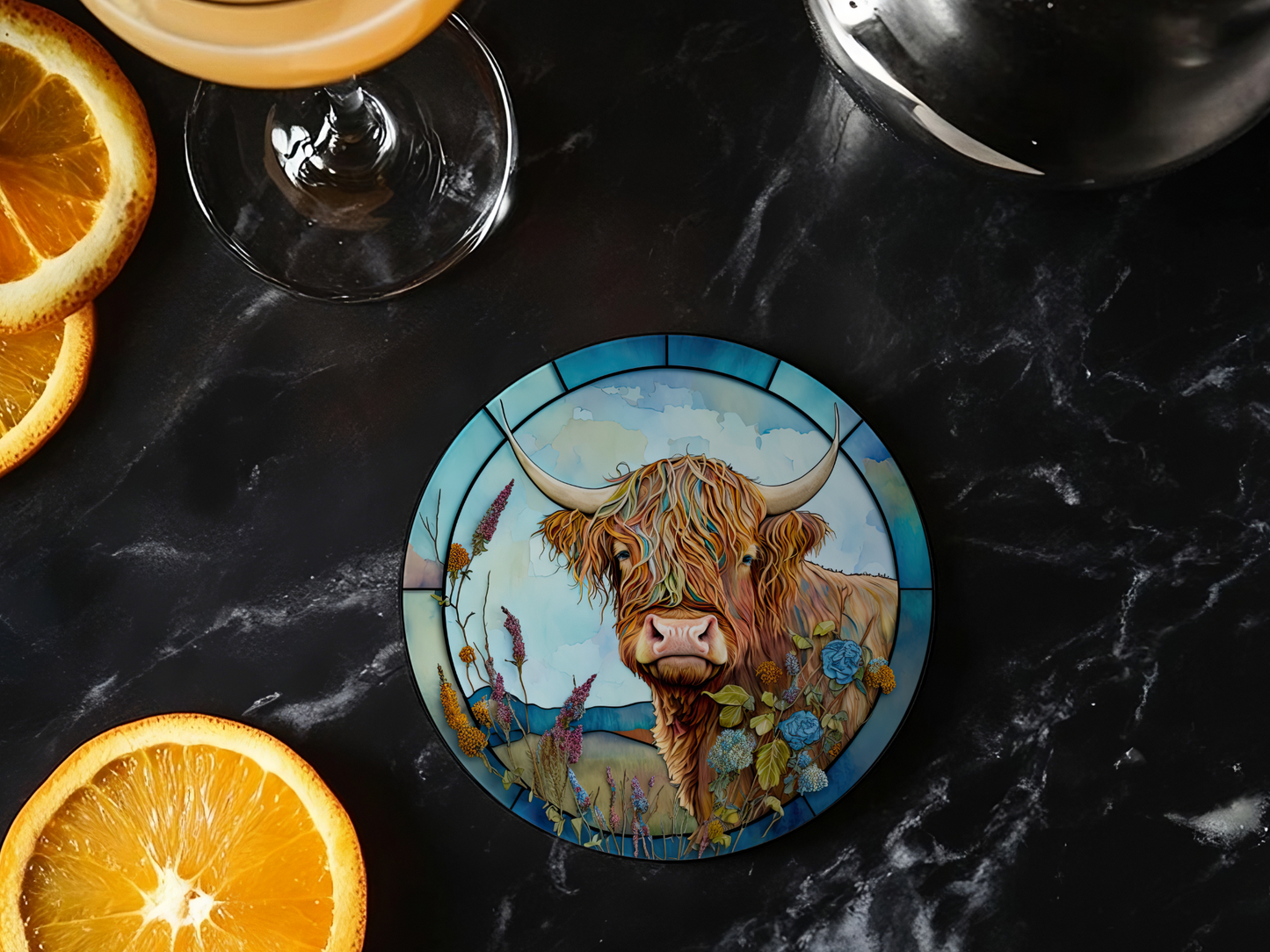 Fernville Creations - Highland Cow Coaster, Farmhouse Decor, Printed Stained Glass