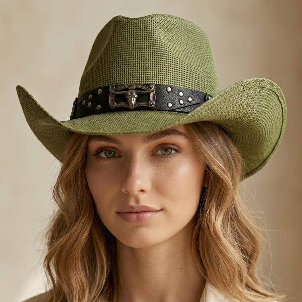 Sensibling Corp. - Steer Head Accent Studded Faux Leather Band Western Straw Cowboy Hat