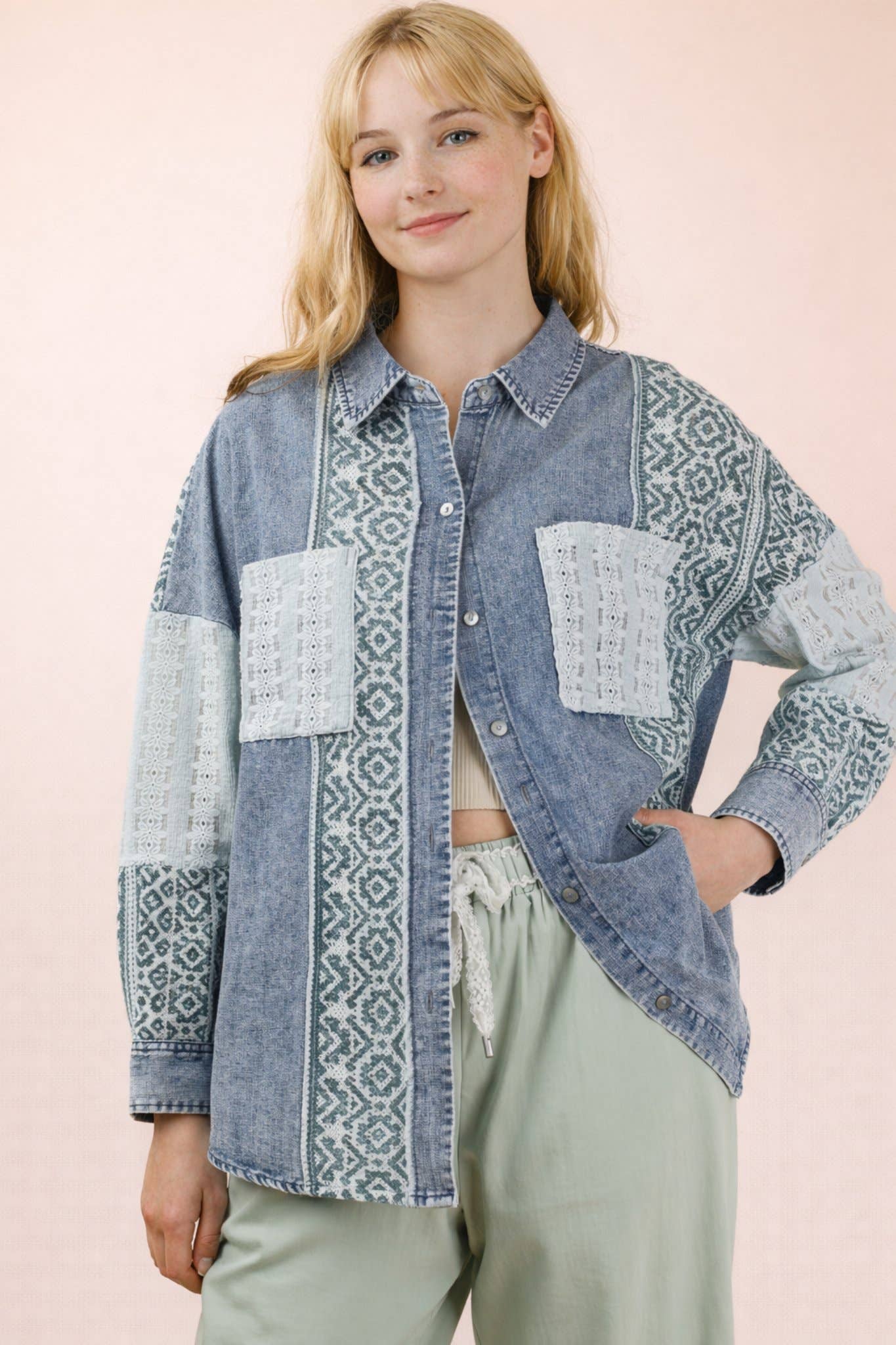 VERY J - NT12456-Oversized Washed Denim Shirt Top W/ Cont Fabric
