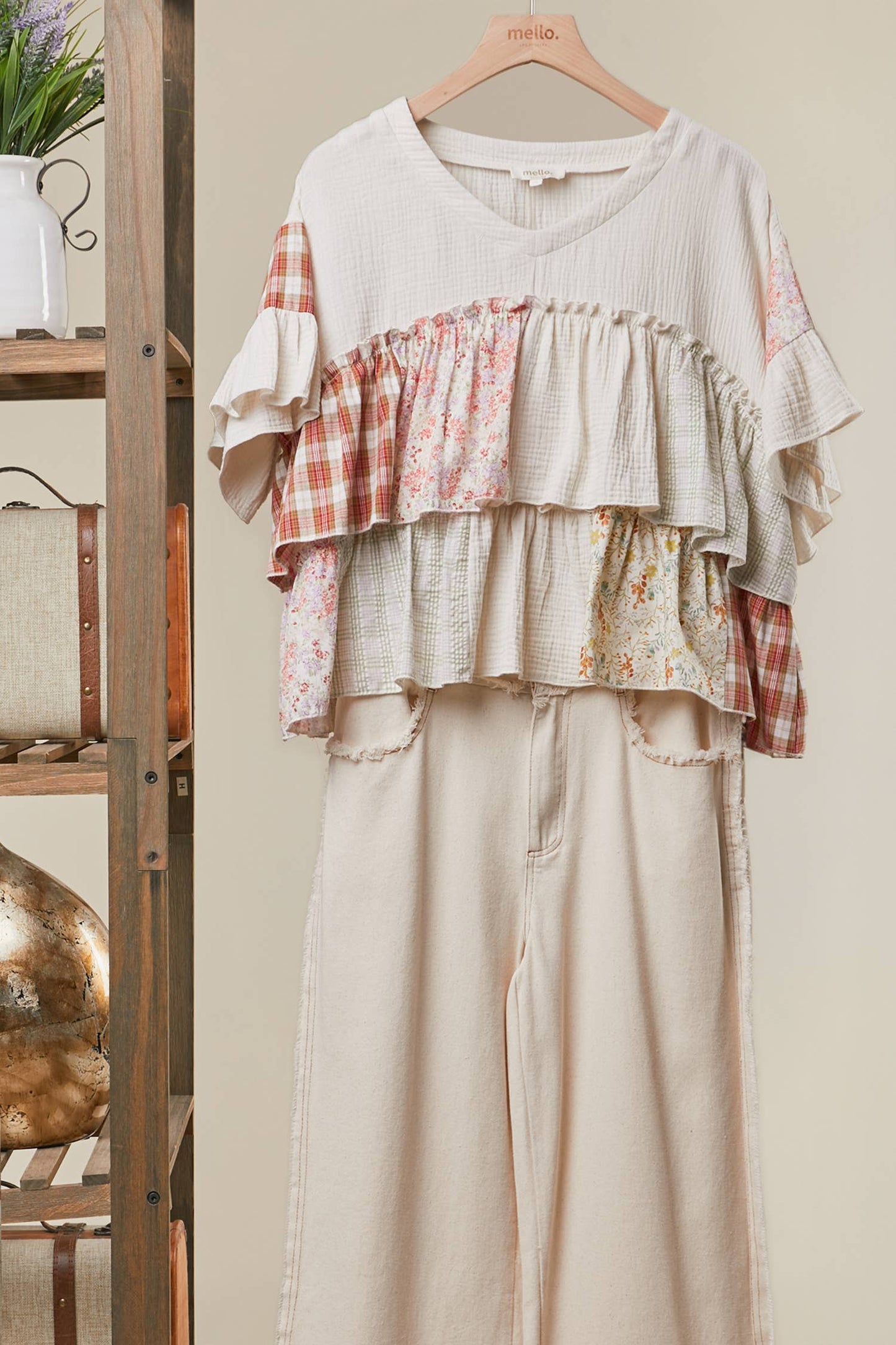 Mello. - Vintage Patchwork Ruffle Hem Top