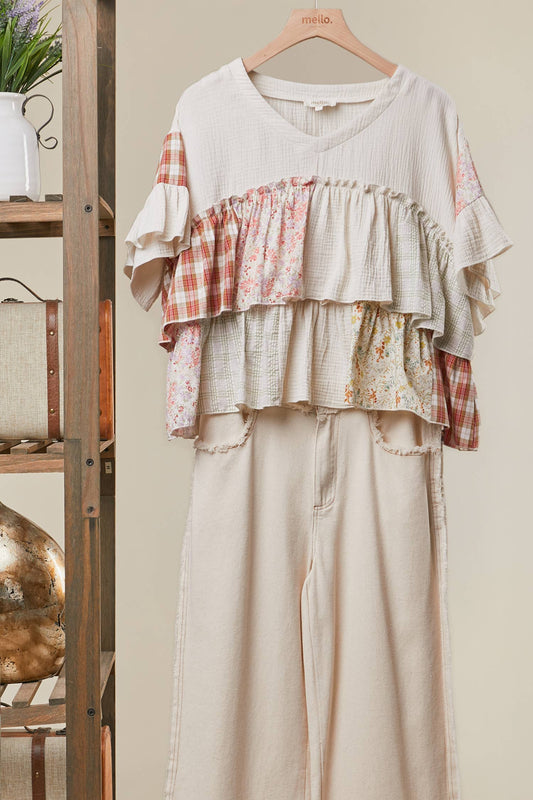 Mello. - Vintage Patchwork Ruffle Hem Top