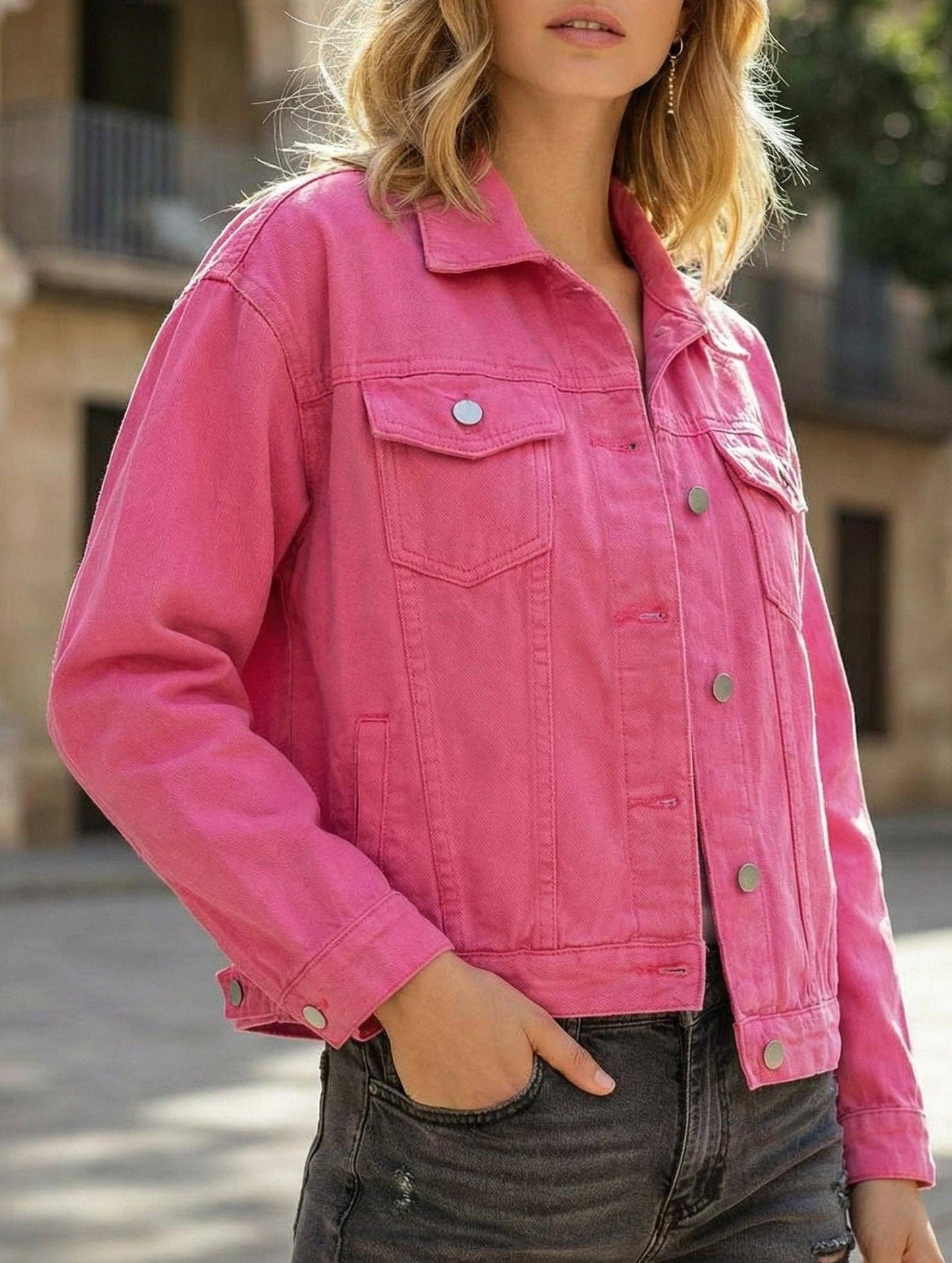 Lovenne - Solid color slim cropped denim jacket casual jacket