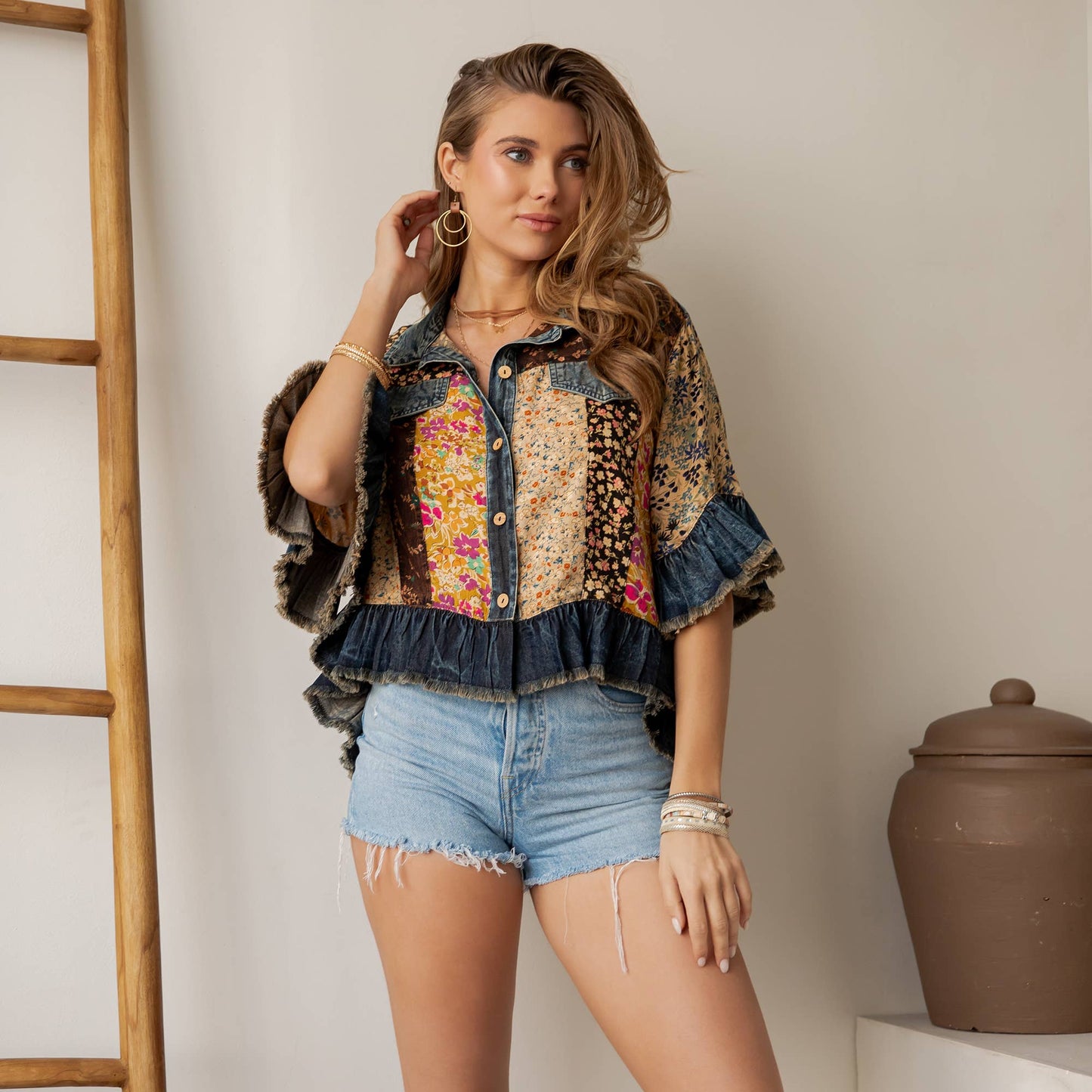Young Threads - Distressed Denim Crop Jacket with Ruffled Hem