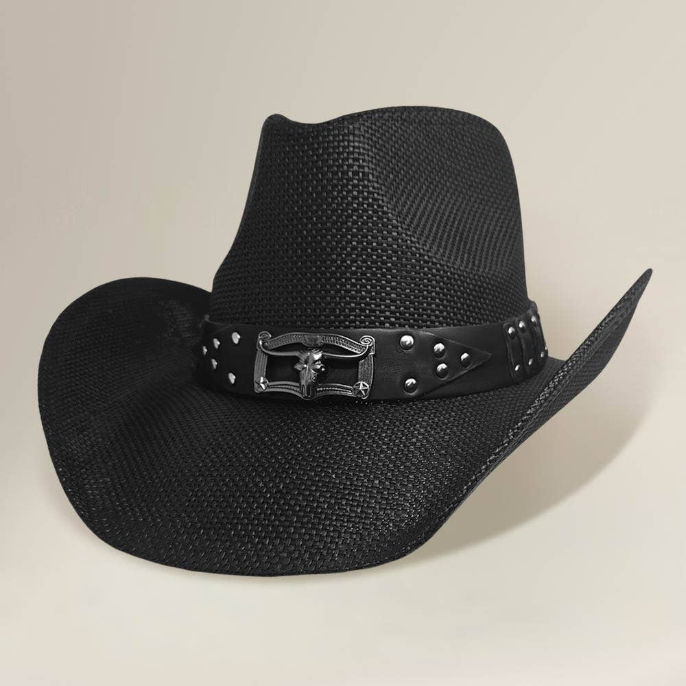 Sensibling Corp. - Steer Head Accent Studded Faux Leather Band Western Straw Cowboy Hat