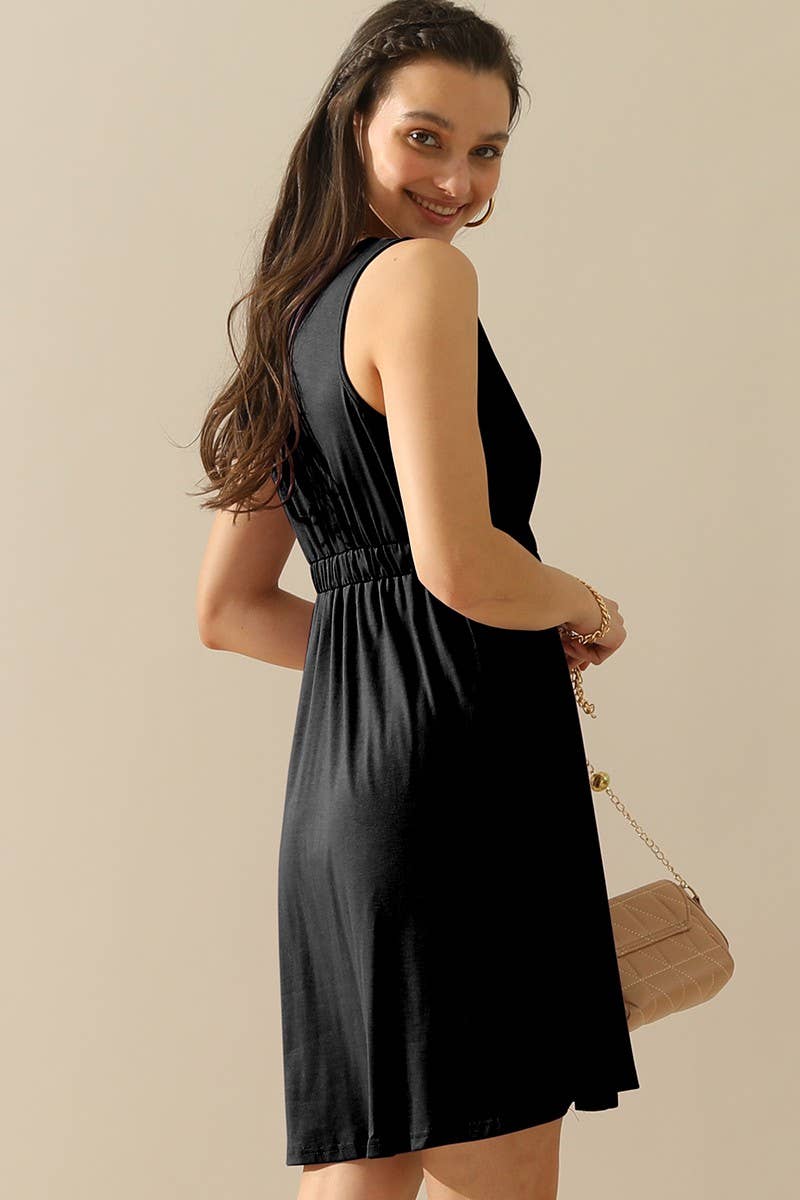 NINEXIS - CWDSD1389-B_SLEEVELESS BUTTON POCKET SLIM WAIST DRESS