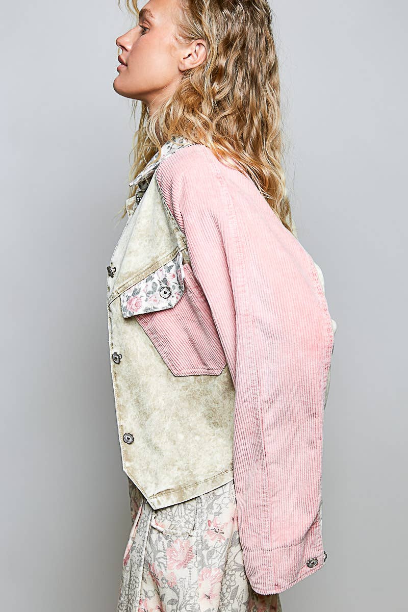 Pol Clothing - Soft Corduroy Sleeves Contrast Cropped Patchwork Jacket