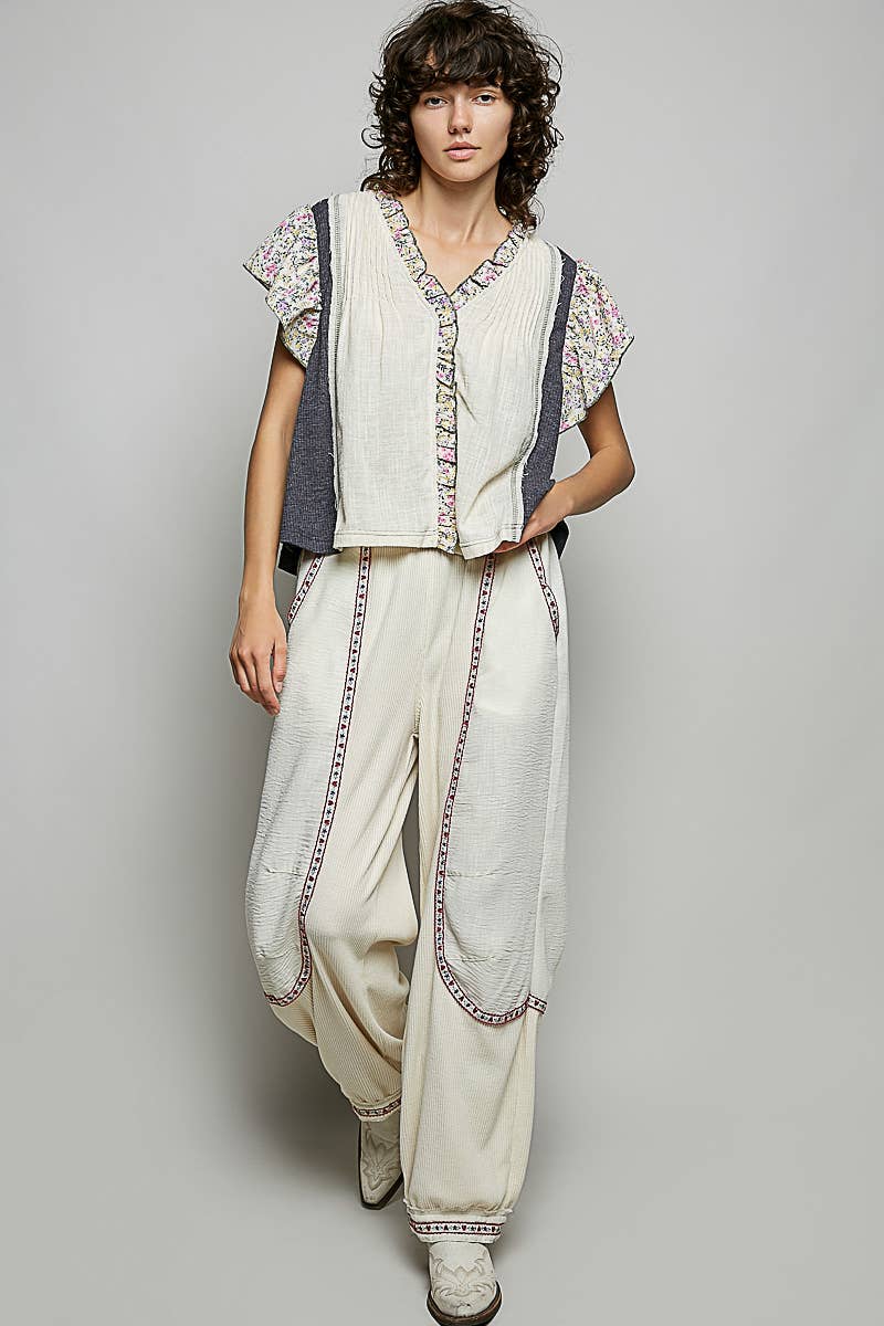 Pol Clothing - V neck Ruffle Sleeve Pintuck Contrast Woven Top