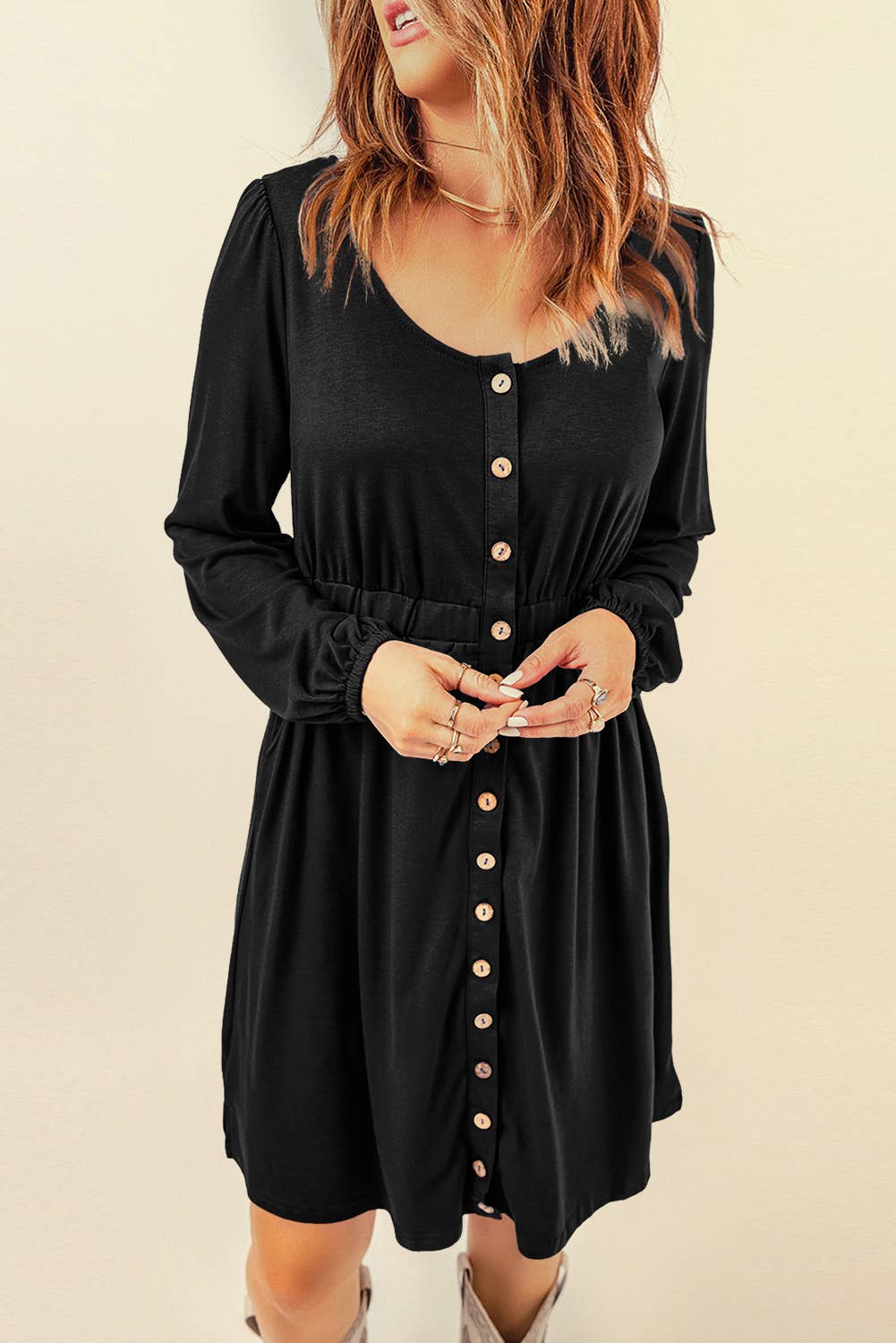 Lovesoft - Button Up High Waist Long Sleeve Dress