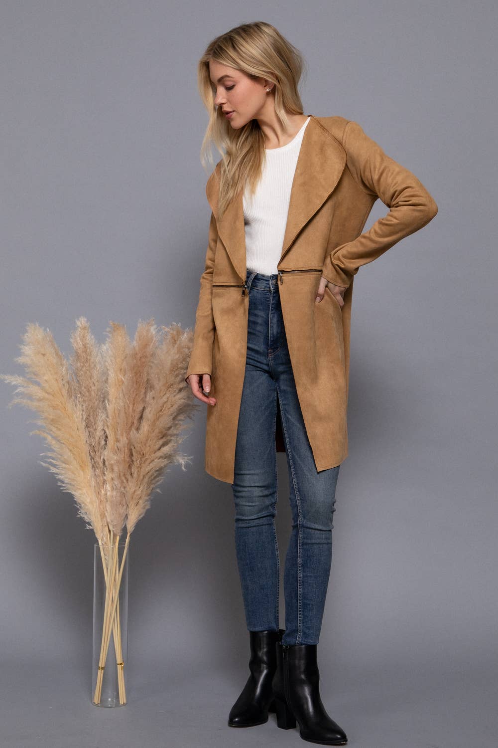 Active Basic | Active USA - Long Sleeve Front Two Zipper Detail Faux Suede Long Jacket