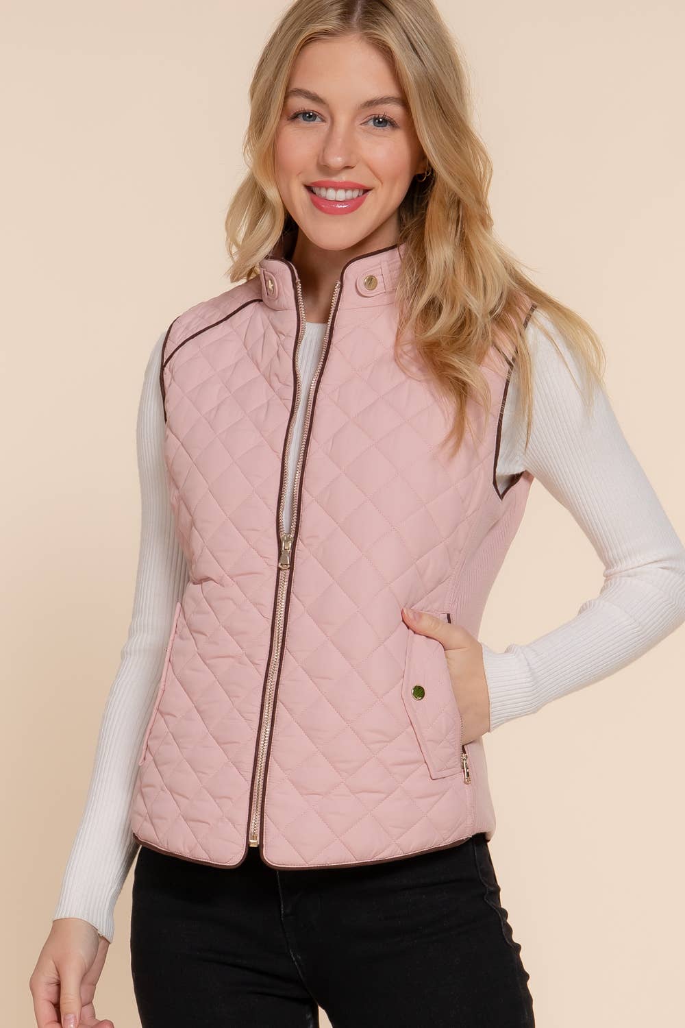 Active Basic | Active USA - Suede Piping Detail Rib Quilted Padding Vest