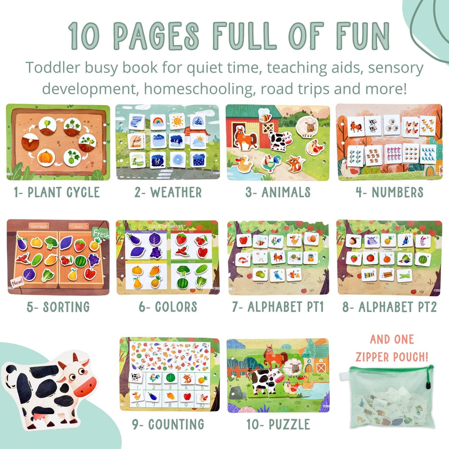 Spirit 'N Sprout - Farm Busy Book for Toddlers - Preassembled with Zipper Pouch - Velcro Matching Activity Book