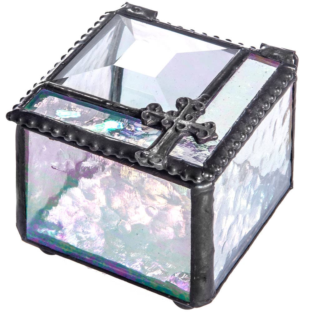 J Devlin Glass Art & Bert Anderson Collection - Iridescent Glass Box with Cross | Faith Keepsake – J Devlin