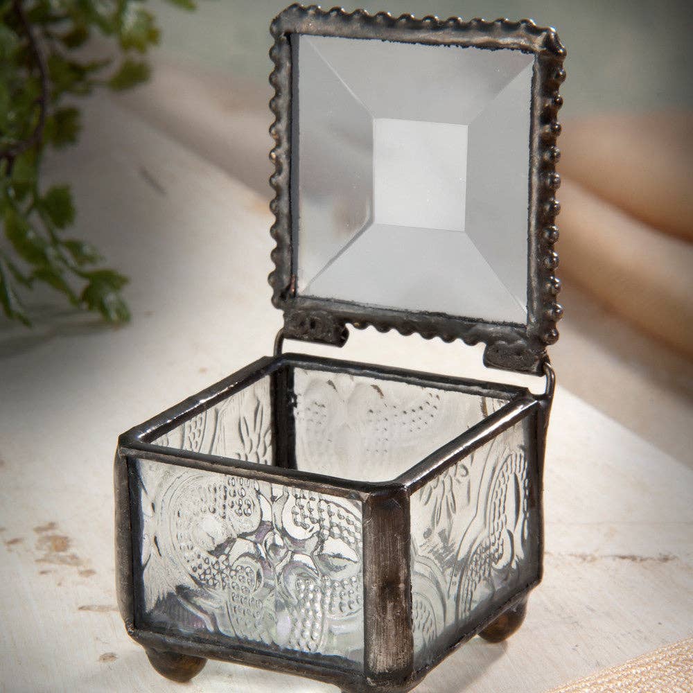 J Devlin Glass Art & Bert Anderson Collection - Small Glass Ring Box with Clear Vintage Patterned Glass