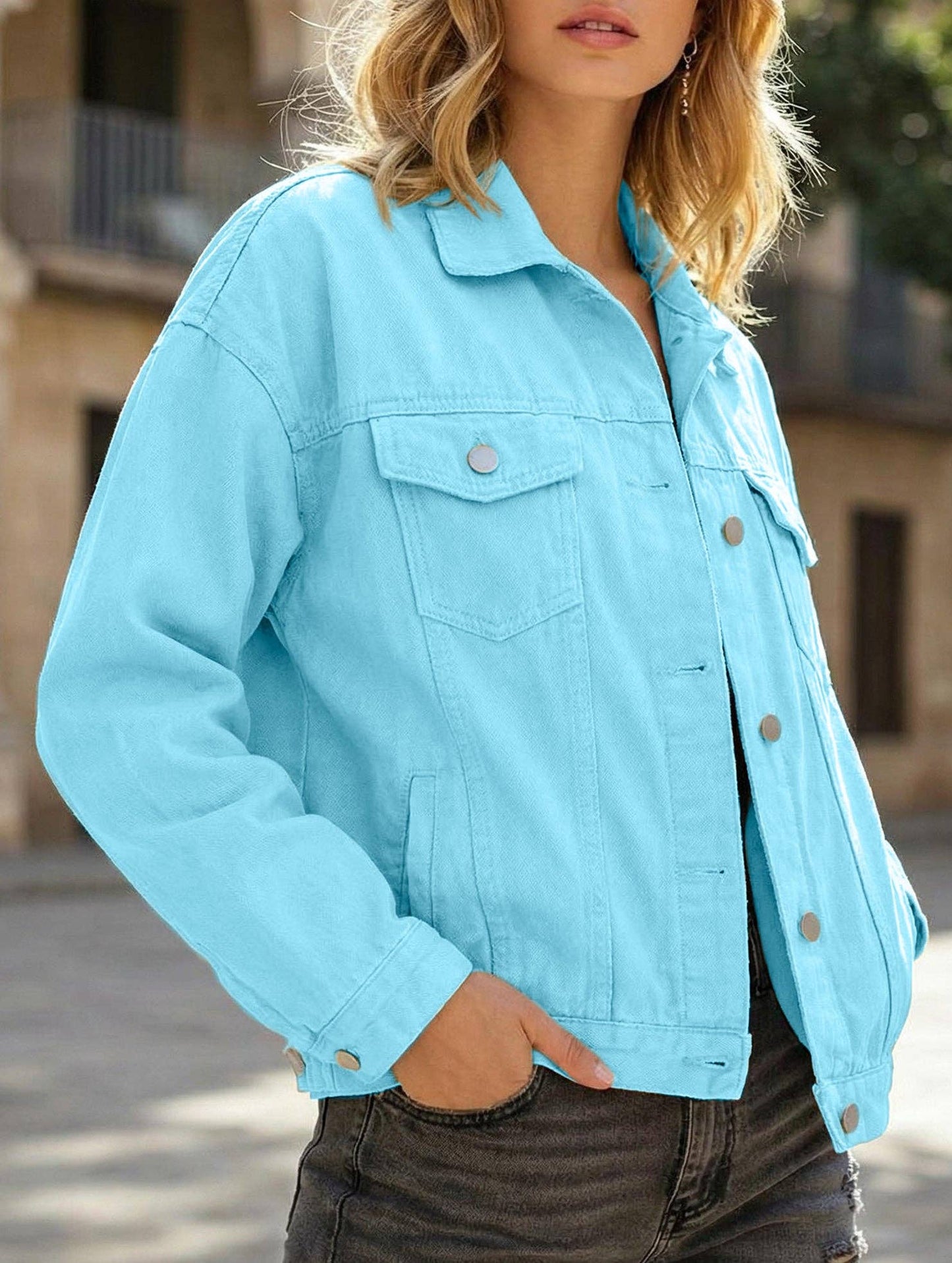 Lovenne - Solid color slim cropped denim jacket casual jacket