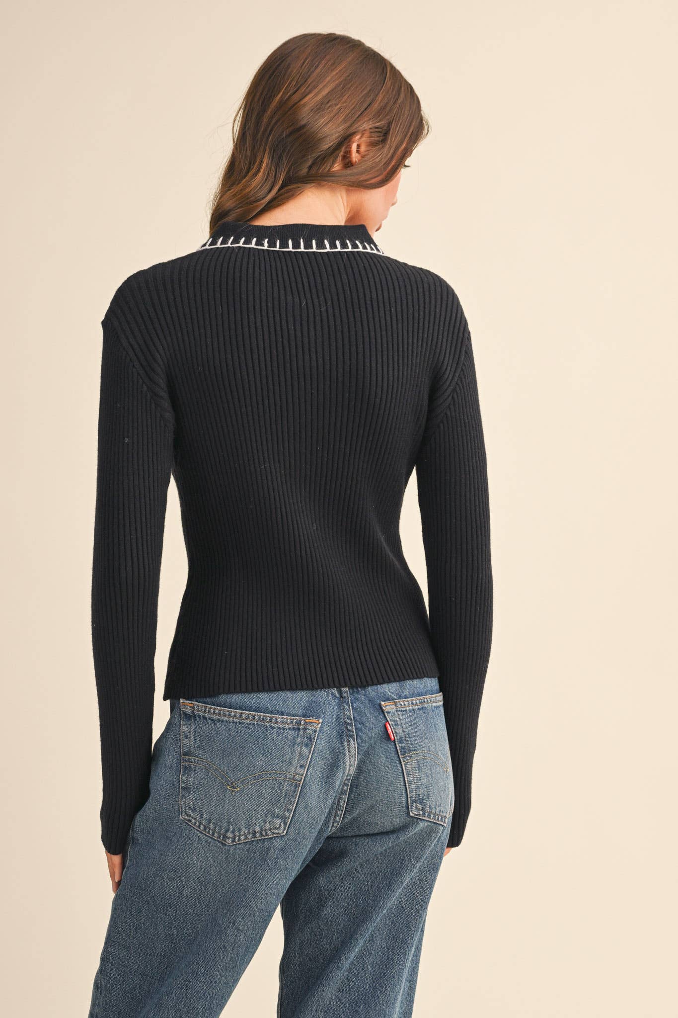 &MERCI - COLLARED RIBBED SWEATER WITH CONTRAST STITCH MSW11233