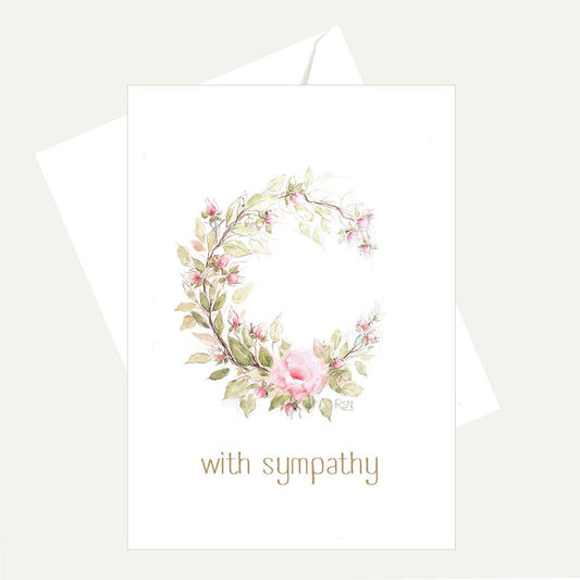 Bellflower Girl - With Sympathy - Pink Rose Wreath - Friendship Sympathy Card