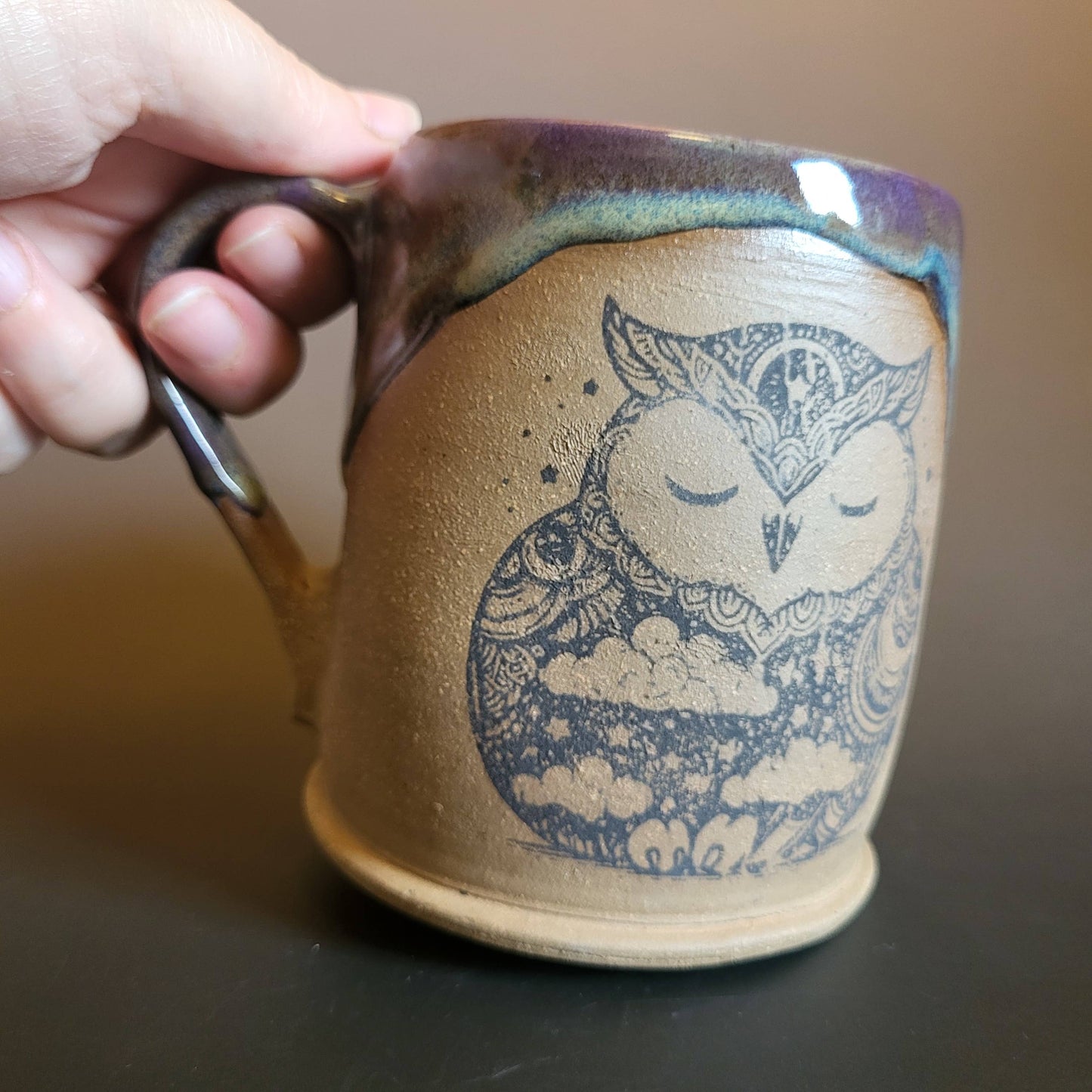 Divine Vessels Pottery - Owl Mug with Sleepy Owl Emblem Purple and Blue Glaze