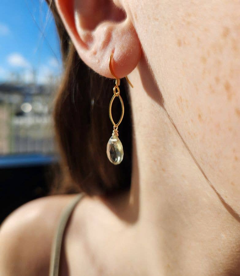 Edgy Petal Jewelry - Green Amethyst Dainty Gold Marquis Earrings