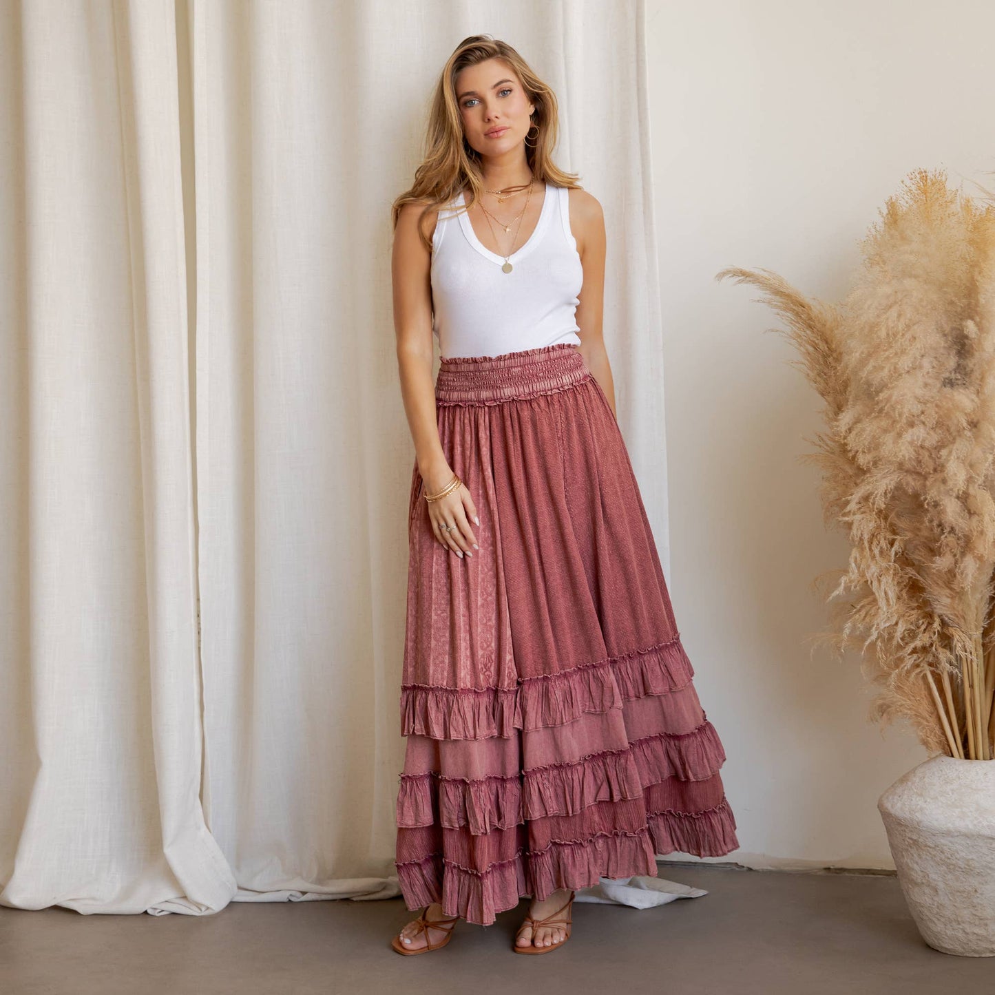 Young Threads - Rustic Textured Smocked Waist Ruffled Tiered Maxi Skirt
