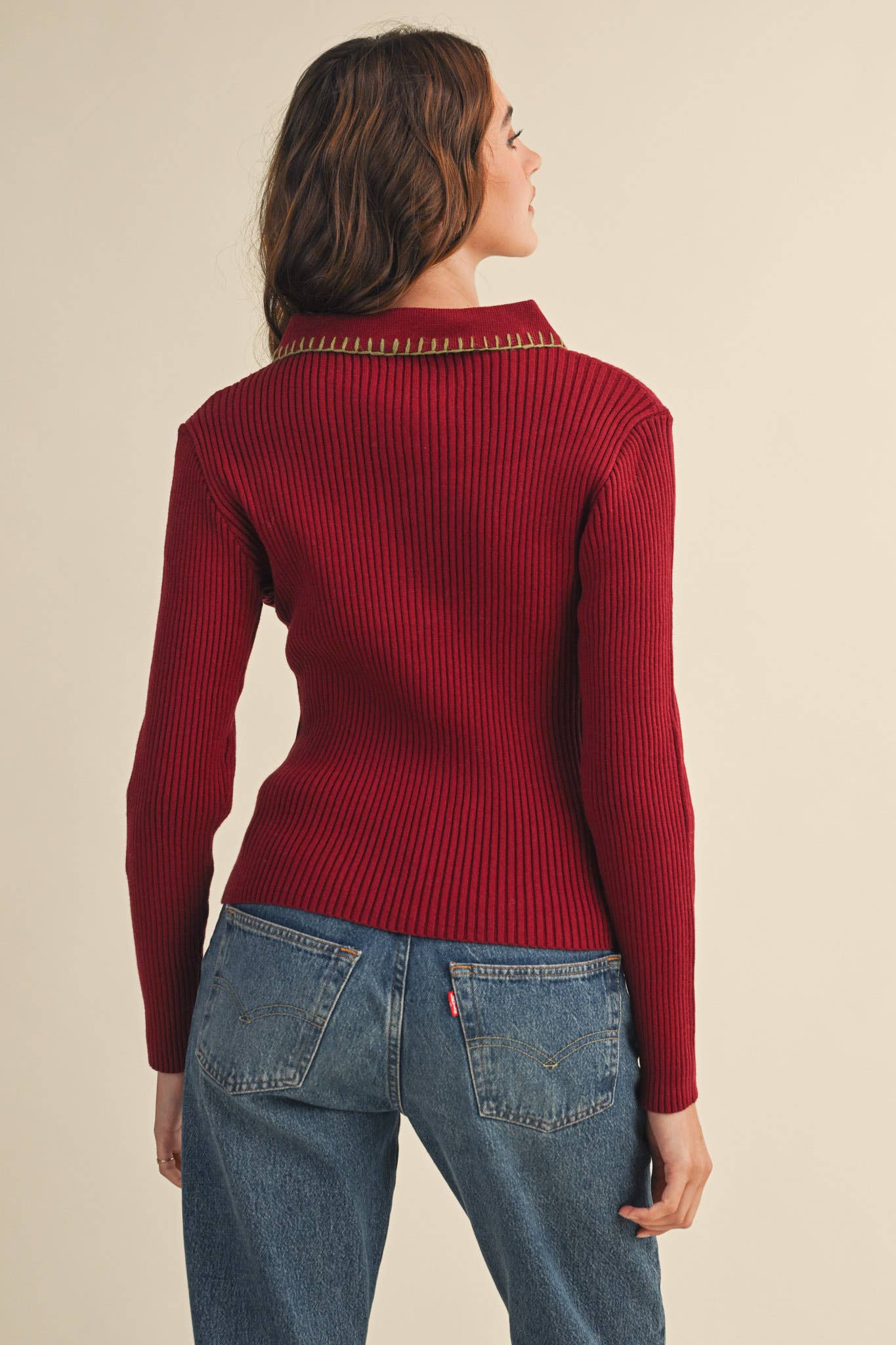 &MERCI - COLLARED RIBBED SWEATER WITH CONTRAST STITCH MSW11233