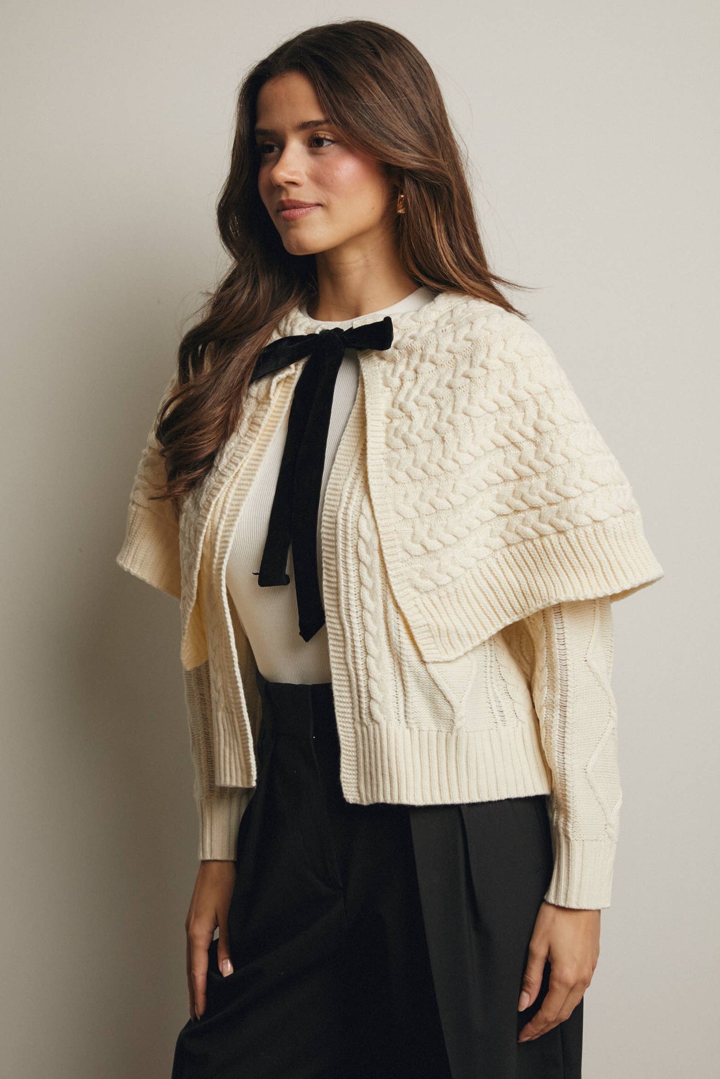 Forte - Cable Knit Capelet Cardigan with Velvet Bow FSW0017