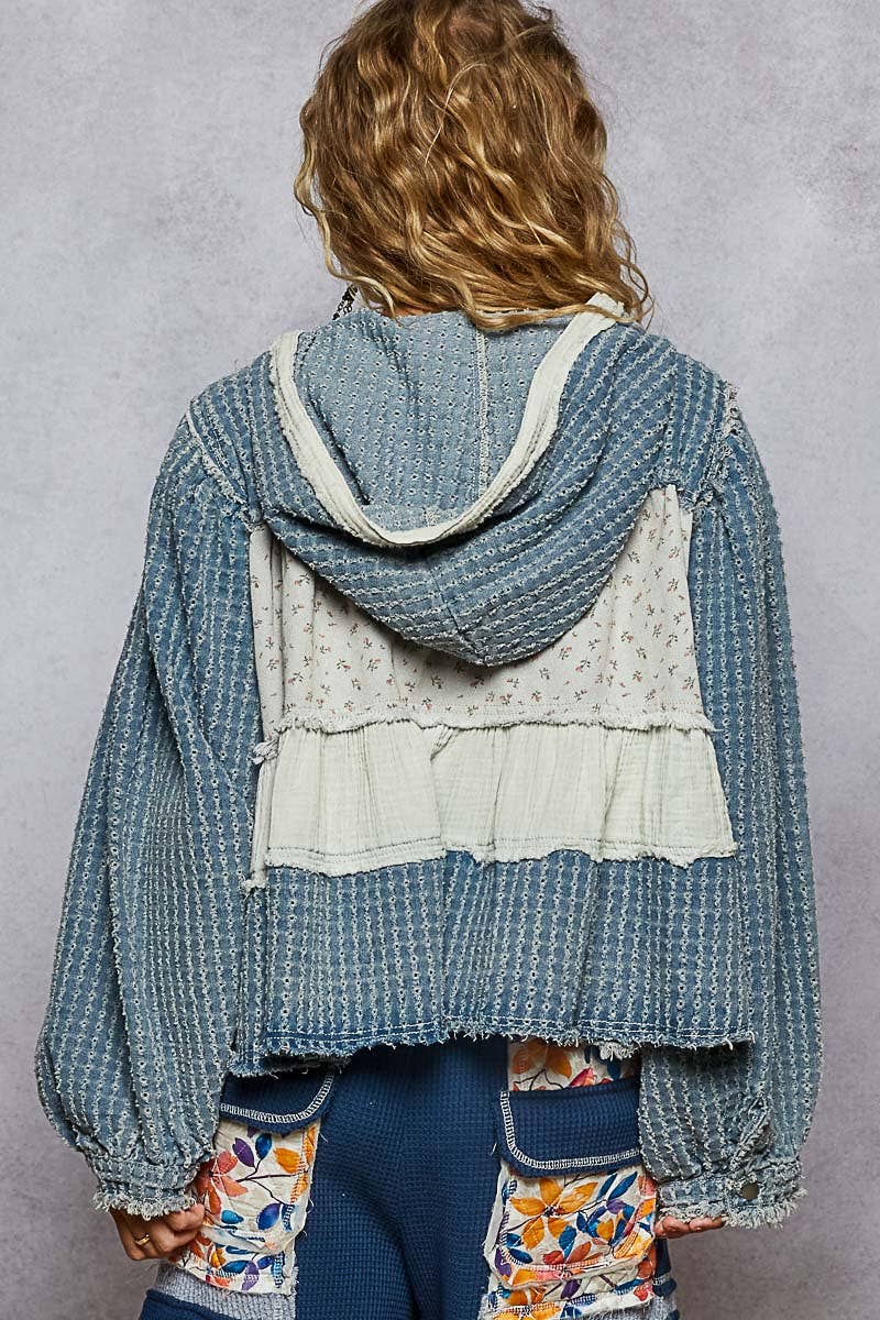 Pol Clothing - Balloon Sleeve Textured Denim Twill Patch Ruffle Hoodie Top