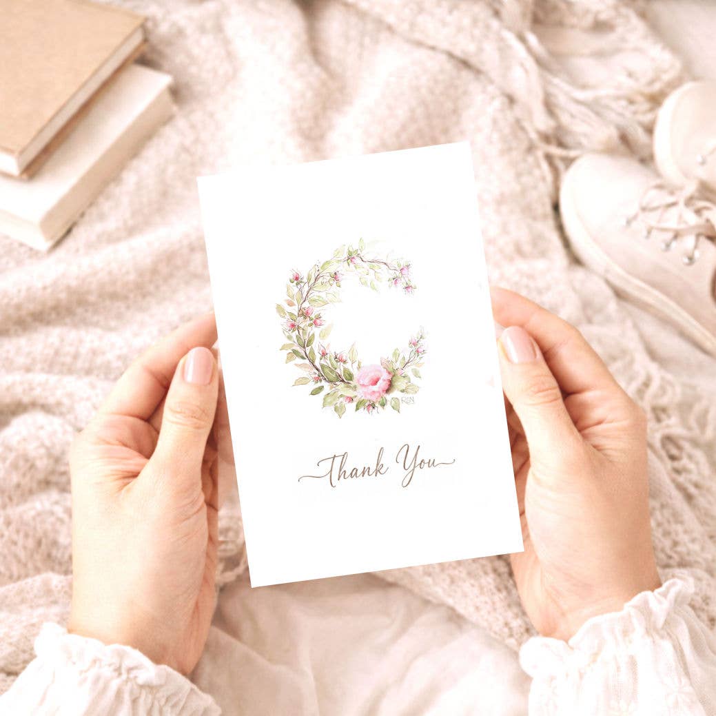 Bellflower Girl - Thank You | Pink Rose Wreath | Watercolor Card